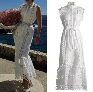 Elegant White Sleeveless Hollow Maxi Dress for Women Stand-up Collar Hollow Out Buttons Down Cinched Waist Summer Dresses