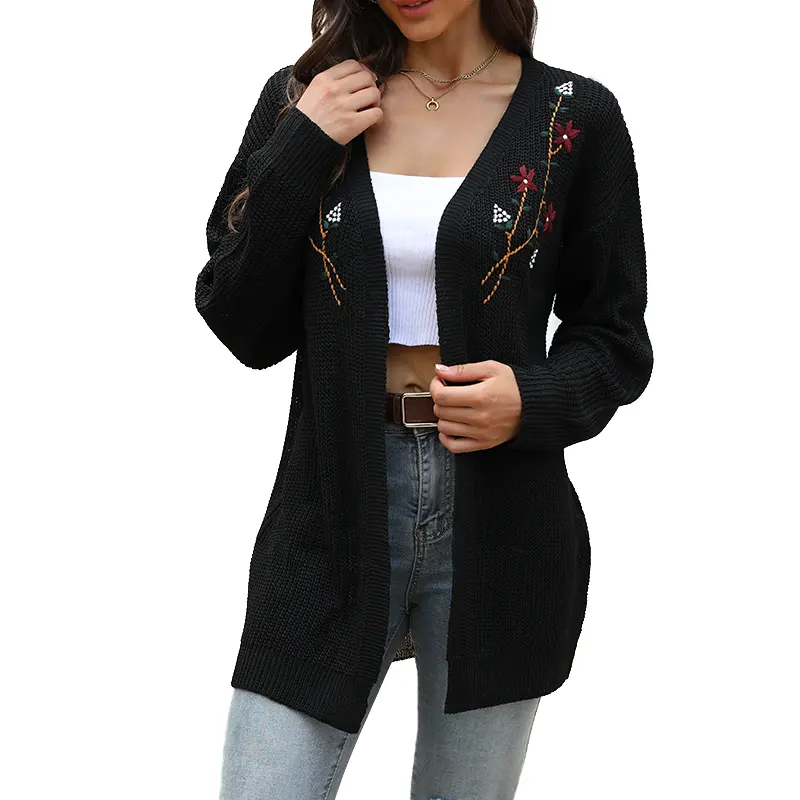 2022 Knitted Versatile Fashion V-Neck Temperament Loose Black Embroidered Cardigan Women's Sweater