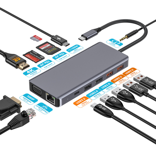 High Quality 13 in 1 USB Hub Type-C Hub Multiport Dock Station with 4K HDM1 USB3.2 USB2.0 Gen2 10GbpsPD RJ45 USB C Hubs
