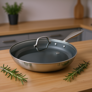 Poêle à frire DB en acier inoxydable 32 cm antiadhésive compatible induction avec couvercle en verre – Ustensile de cuisine moderne - Product Image 2