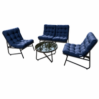 Marineblaues getuftetes Polstersofa-Set mit 2 Sesseln und Glas-Couchtisch, Gartenmöbel für den Außenbereich