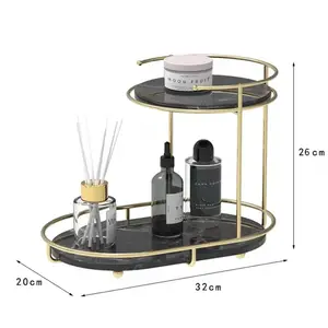 डबल लेयर 2 स्तरों प्राकृतिक संगमरमर पत्थर इत्र आयोजक संगमरमर के गहने बाथरूम भंडारण रैक के साथ