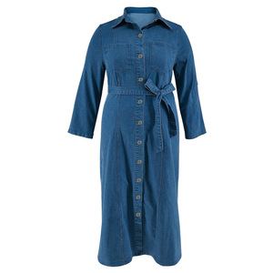 Robes en jean grande taille de haute qualité Y218602 pour femmes, décontractées, à col rabattu, manches longues, avec lien, mi-longues, pour l'automne - Product Image 5