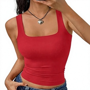 Women <b>Red</b> Square Neck Sleeveless Knitted <b>Crop</b> Tank <b>Top</b> Casual Elastic Fit Spring Summer Solid Color Skinny Style - Product Image 1