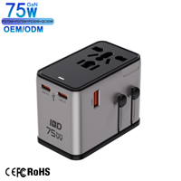 Adaptateur de voyage universel IBD GaN PD 75W avec 3 ports USB-C et 1 port USB-A pour prises US, EU, AU, UK - Charge rapide pour ordinateurs portables, téléphones, appareils photo