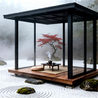 Pavillon de jardin moderne avec structure en acier thermolaqué noir et toit plat rigide pour lagoons extérieurs résidentiels