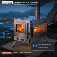 Портативная дровяная печь FLAMEBUILT OEM из нержавеющей стали для палаток с окнами из стекла, дымоходами и складными боковыми полками