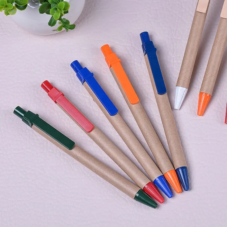 Экологически чистый крафт-бумаги пресс шариковая ручка с изготовленным на заказ логосом Симпатичные пользовательские ручки с напечатанным логотипом