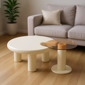 Ensemble de table basse circulaire beige crème, design minimaliste, meubles de salon, montage facile, plateau en bois, structure en plastique - Product Image 2