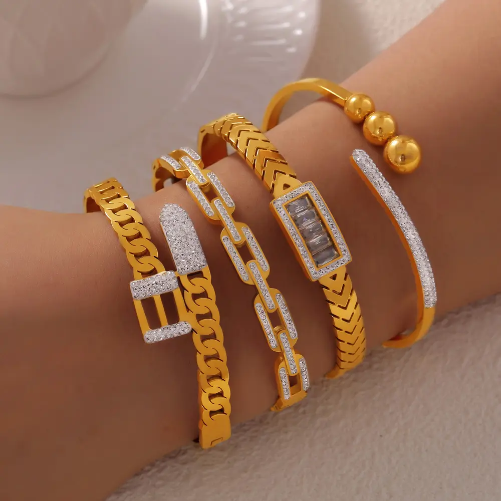 2024 nouveau Anti ternissement 18k plaqué or creux diamant bracelets en acier inoxydable 316L gros Bracelet bijoux pour femmes
