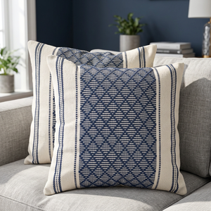Modern Geometric Woven Striped Bohemian <b>Throw</b> Pillow Cover Rectangle Cotton Linen <b>Blue</b> White Decorative Cushion for Home Living - Product Image 1