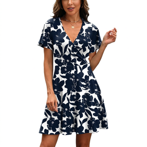 Vestido de verano para mujer, de punto, liso, con cuello en V, manga 3/4, cintura alta, largo hasta la rodilla, con abertura asimétrica en el bajo y estilo cruzado, para ocio de verano - Product Image 3
