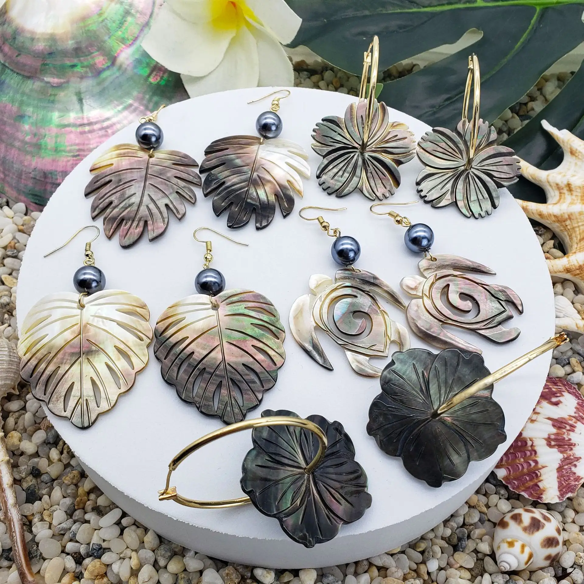 EH23019 New Bohemia Statement Beach Flower Natural Black Shell Pearl Drop Earrings Women Fashion Jewelry