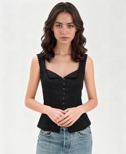 Top sin mangas estilo vintage para mujer, mezcla de algodón y lino, con encaje, patchwork, botones frontales, sin tirantes, a la moda - Product Image 6