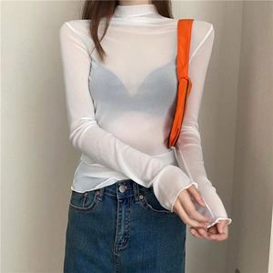 T-shirt sexy pour femme, haut transparent en maille à manches longues, coupe ajustée, <span class=keywords><strong>col</strong></span> <span class=keywords><strong>roulé</strong></span> uni, en soie, avec dentelle, style <span class=keywords><strong>crop</strong></span> <span class=keywords><strong>top</strong></span> - Product Image 4