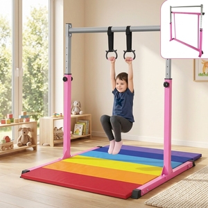 <span class=keywords><strong>Barre</strong></span> de <span class=keywords><strong>gymnastique</strong></span> horizontale Safly Fun pour enfants de 3 à 15 ans |   Appareil de musculation robuste en acier pour la maison, hauteur réglable (3-5 pieds), base antidérapante, facile à utiliser - Product Image 1