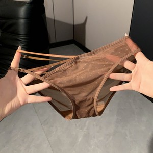 Culotte sexy marron en dentelle à fente haute et fines bretelles pour femme, taille unique, style triangle ultra fin, été 2024 - Product Image 1