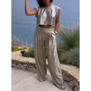 Nuevo Conjunto de 2 Piezas para Mujer, Chaleco Casual Brillante Estampado y Pantalones Anchos, a la Moda - Product Image 2