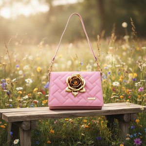 Bolso de Hombro para Mujer Mariconera, Color Rosa, Acolchado, Cuero Genuino, Decoración de Rosas Doradas, Estilo Bohemio, Correa Única - Product Image 2