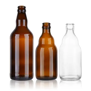 Bottiglia di birra in vetro vuota ambrata e trasparente da 330ml di vendita calda per bevande con succo di alcol spumante con tappo a corona in metallo