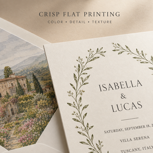 Suite d'invitations de mariage personnalisées illustrées sur le thème d'une destination, avec pochette imprimée paysage de villa et cartes en papier assorties - Product Image 2