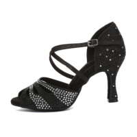 Chaussures de danse latine noires avec diamants brillants Sandales d'été Semelles souples Norme nationale Chaussures de performance Cha-Cha