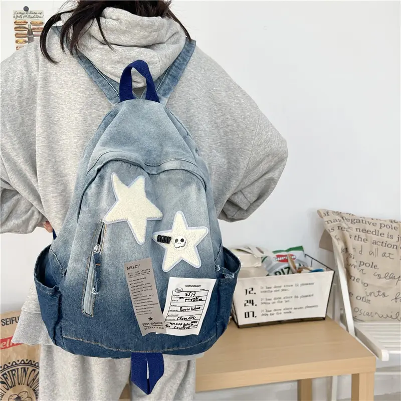 Grande capacité enfants lycée étudiant sacs filles enfants dégradé denim cartable sac à dos étoile livre sac à dos