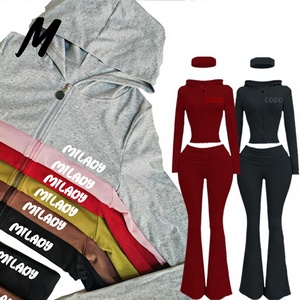 Set Casual da <span class=keywords><strong>Donna</strong></span> Autunno 2025 con Logo Personalizzato, 2 Pezzi con Pantaloni a Zampa e Giacca con Cappuccio e Zip - Product Image 1