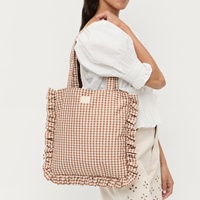 Sac fourre-tout à volants en toile gingham marron crème imprimé sur mesure, sac à bandoulière vintage en coton à carreaux, sac à main en toile style Cottagecore, vente en gros