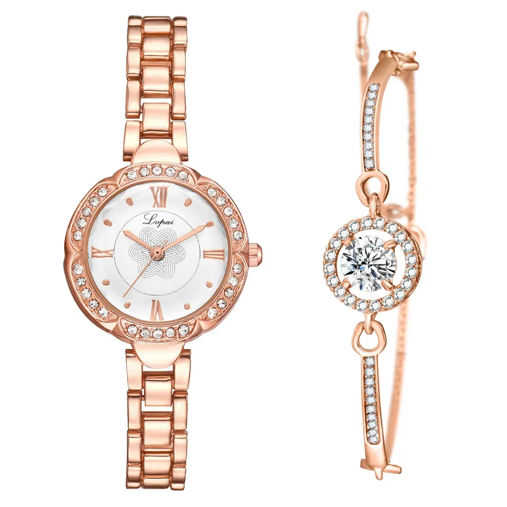 Top Brand Luxury Women Dress Watches Set Fashion Geometric Bangle Bracelet Quartz Clock Ladies Wrist Watch Rose Gold Watches