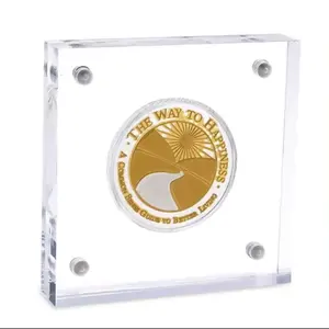 Medalha de mesa de tamanho personalizado para presentes comemorativos de luxo, bandeja quadrada transparente, caixa de acrílico transparente para moedas