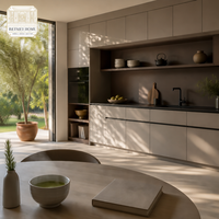 Meubles de cuisine sur mesure pour toute la maison, style nordique Japandi, gris mat, sans poignées, avec rainures, plan de travail en pierre noire, fabrication directe d'usine OEM
