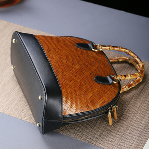 Chinese Style Bamboo Woven Tote Bag Handmade Cowhide Crossbody Bag Artistic Women's Bag Guizhou Origin - Product Image 3