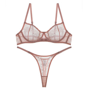 Conjunto de lencería <span class=keywords><strong>transparente</strong></span> con encaje rosa, <span class=keywords><strong>sujetador</strong></span> con aros y bragas, tanga de encaje floral <span class=keywords><strong>transparente</strong></span>, ropa interior sexy, transpirable y ultrafina. - Product Image 5