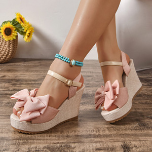 Sandales compensées Xuanhui d'été à <span class=keywords><strong>plateforme</strong></span>, style <span class=keywords><strong>espadrille</strong></span>, à talons hauts, à bride cheville, bout ouvert, <span class=keywords><strong>rose</strong></span> bonbon, pour femme, avec nœud - Product Image 1