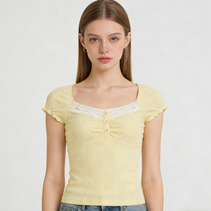 Sweet Girl <b>Lemon</b> Yellow Lace Trim Button Front T Shirt <b>Women</b> Cap Sleeve Slim Fit Cute Casual <b>Top</b> - Product Image 1