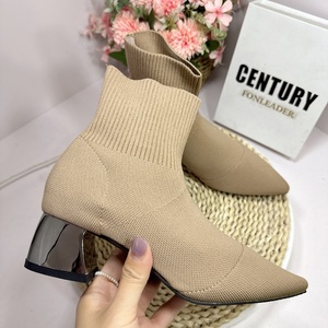 Botine Femme Foreign Trade Knitted Stretch Fabric 2025 Pointed Toe Thick Heel Ankle Socks <b>Boots</b> for Women - Product Image 6