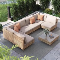 Ensemble de canapés modulaires d'extérieur contemporains 7 pièces en rotin PE tressé à la main de qualité supérieure pour patios de luxe