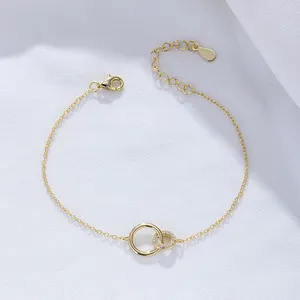 peishang Minimalist S925 silver Double Circle Bracelet Gold Plated Cubic Zirconia Hoop linked circle bracelet For Women