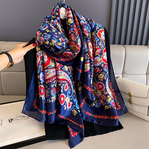 Wholesale 2025 Hot Sale Cheap Satin Scarf Fashion New Design Golden Vines Flower Print Long Silk Scarf Women - Product Image 1