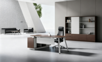 Bureau de direction moderne de luxe avec surface thermoformée en PMMA, résistant à l'usure et imperméable, avec armoire latérale