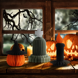 Ensemble <span class=keywords><strong>de</strong></span> décorations d'Halloween en papier nid d'abeille 3D, ornements en papier citrouille, <span class=keywords><strong>pierre</strong></span> <span class=keywords><strong>tombale</strong></span>, bougie, en vrac, écologiques, réutilisables, pour intérieur/extérieur - Product Image 2