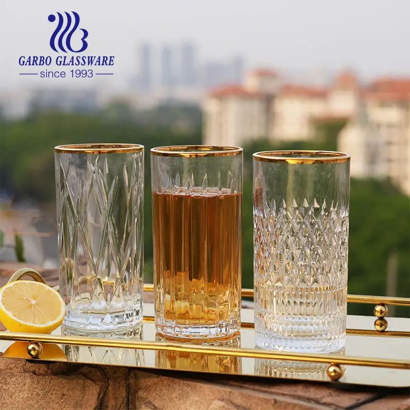 Tasse à jus avec bord doré 14oz tasse à eau en verre gravé jus de lait boisson gobelet à boire pour vaisselle de restaurant