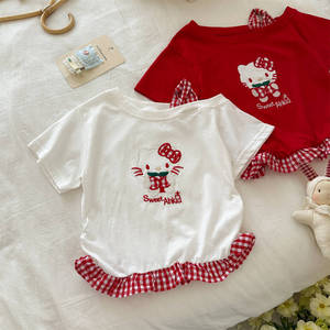 TongXingYuan Girls' KT <b>Cat</b> Short Sleeve T-Shirt Red White Cotton Cartoon Summer <b>Top</b> Kids Fashion Clothes - Product Image 2