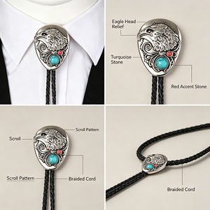 Cravate Bolo Western avec pendentif tête d'aigle, pierre turquoise, accent rouge, cordon en cuir tressé, style classique, usage quotidien - Product Image 3
