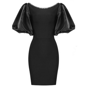 C2518 nuovo Design 2024 <span class=keywords><strong>nero</strong></span> O collo manica a sbuffo Sexy in cristallo Bodycon abiti da Club donna - Product Image 4