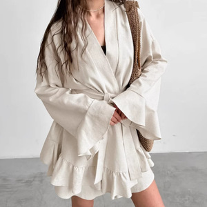 Disponibile Set Pigiama <span class=keywords><strong>da</strong></span> Donna in <span class=keywords><strong>Cotone</strong></span> e Lino con Volant Comodo e Ampio a Maniche Lunghe Nuovo Lussuoso Abbigliamento <span class=keywords><strong>da</strong></span> Casa - Product Image 1