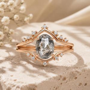 Round Natural Salt Pepper Diamond Promise Ring 925 Sterling Silver Rhodium Rose Gold Plated <b>Tiara</b> <b>Crown</b> Double Band Wedding Gift - Product Image 3
