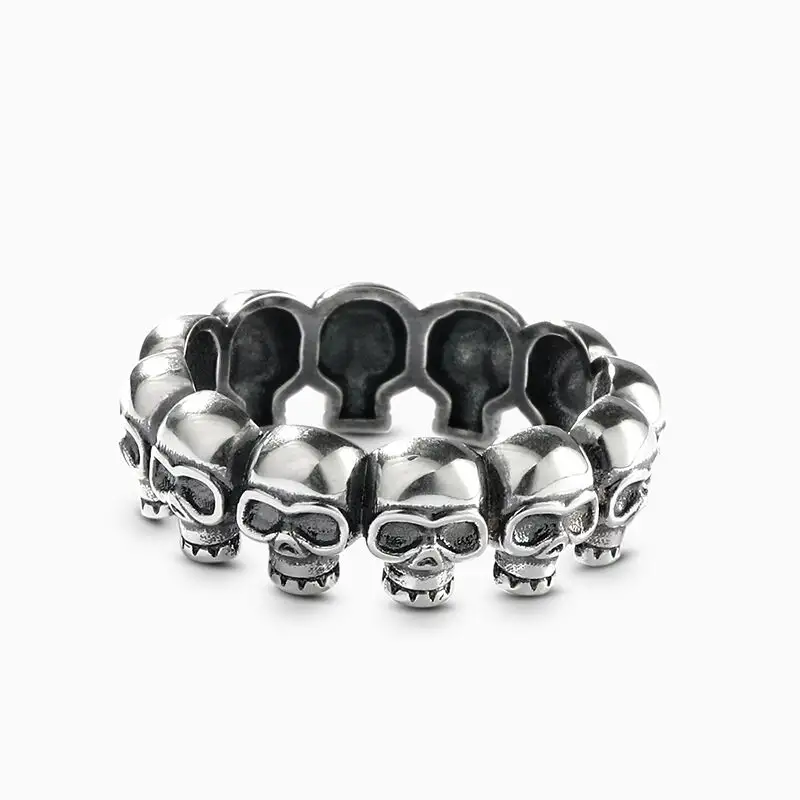 Antiga Prata Vintage Punk Hip Pop Real 925 Sterling Silver Phantom Skull Ring Band Para Homens Mulheres Motocicleta Biker Anéis Esqueleto