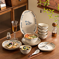 Ensemble de bols et d'assiettes en céramique de style japonais de haute qualité, motif végétal, passe au micro-ondes, utilisation domestique, cadeau de pendaison de crémaillère